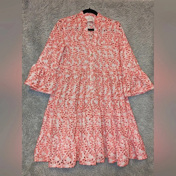 KASIA Tuckernuck Cutwork Tiered Split Neck Holiday Dress Coral/white Size Small - Picture 8 of 12